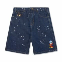 Sorcerer Baggy Denim Shorts, Dark Indigo Bleach Splatter